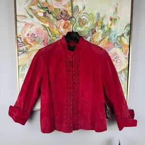 Pamela McCoy Red Suede Leather Jacket Ruffle Front Women’s L NWT